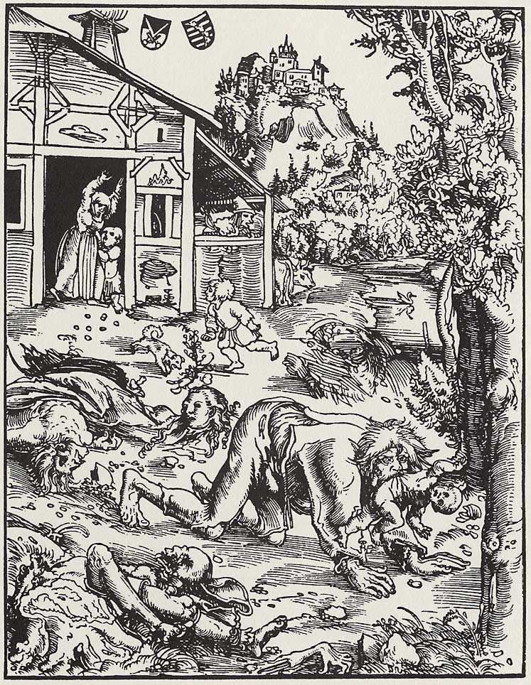 Man suffering from lycanthropy attacks village-woodcut print by artist Lucas Cranach the Elder  (1472–1553)-circa 1512-Herzogliches Museum